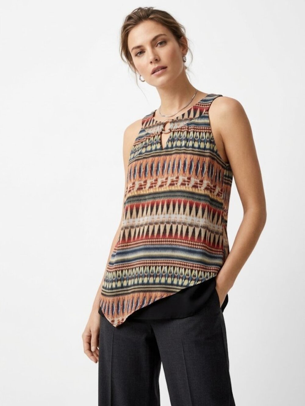 AB Studio Womens Assymetrical Sleeveless Tunic Multicolor XL Boho Print Layered